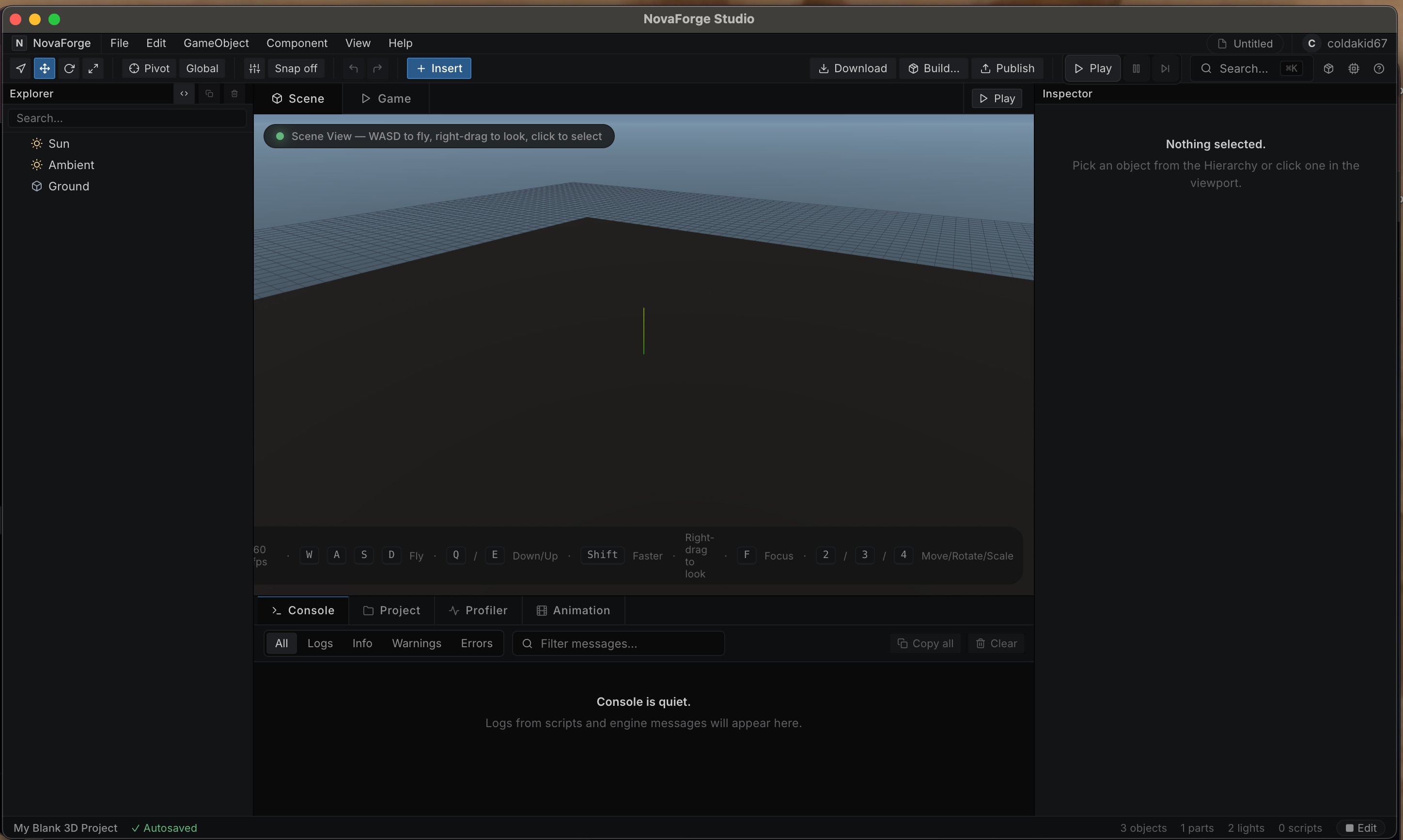 NovaForge Studio editor — scene view with hierarchy and inspector panels